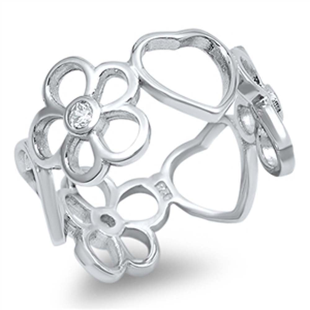 Sterling Silver Fancy Open Flowers and Hearts Ring with Clear Cz AccentAnd Face Height of 10MM