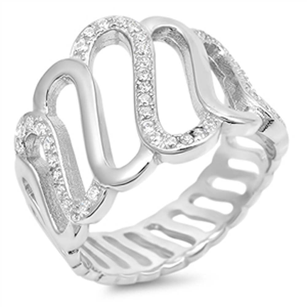 Sterling Silver Fancy Design Wide Band Ring with Clear Cz AccentAnd Face Height of 15MM