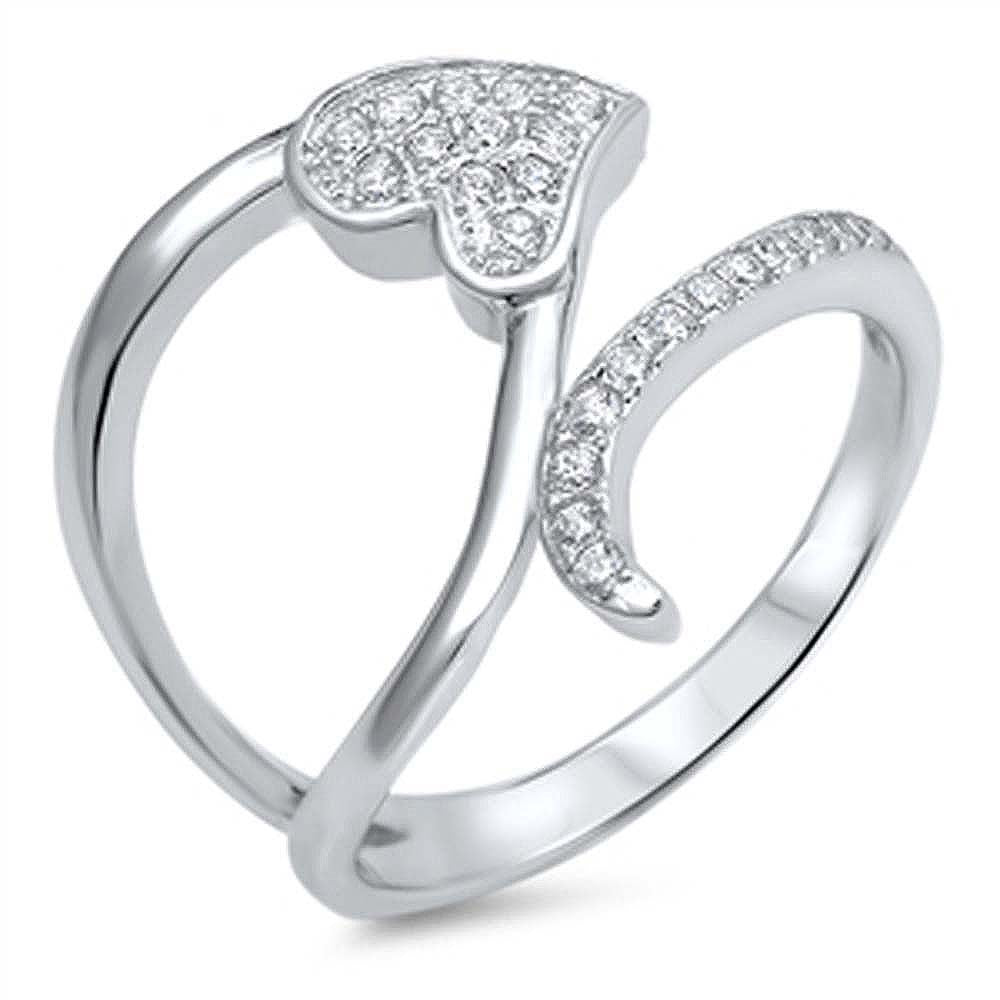 Sterling Silver Fancy Pave Heart Ring with Face Height of 16MM