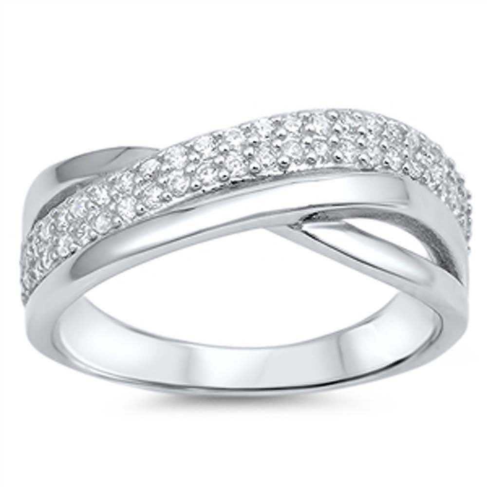 Sterling Silver Modish Overlap Thin Band Ring with Clear Cz AccentAnd Face Height of 7MM