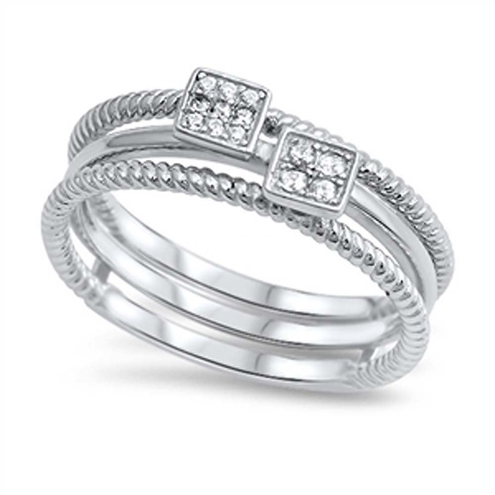 Sterling Silver Fancy Three Twisted Bands Ring with Pave Square Shaped DesignAnd Face Height of 6MM