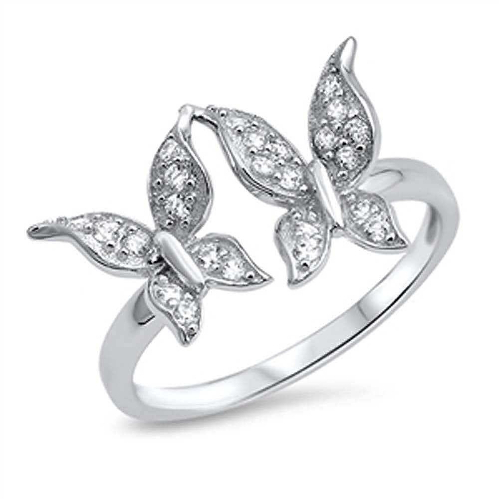 Sterling Silver Modish Two Pave Butterflies Ring with Face Height of 13MM