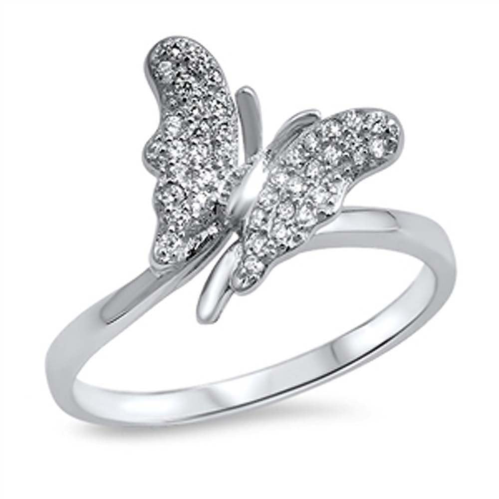 Sterling Silver Trendy Micro Pave Butterfly Ring with Face Height of 14MM