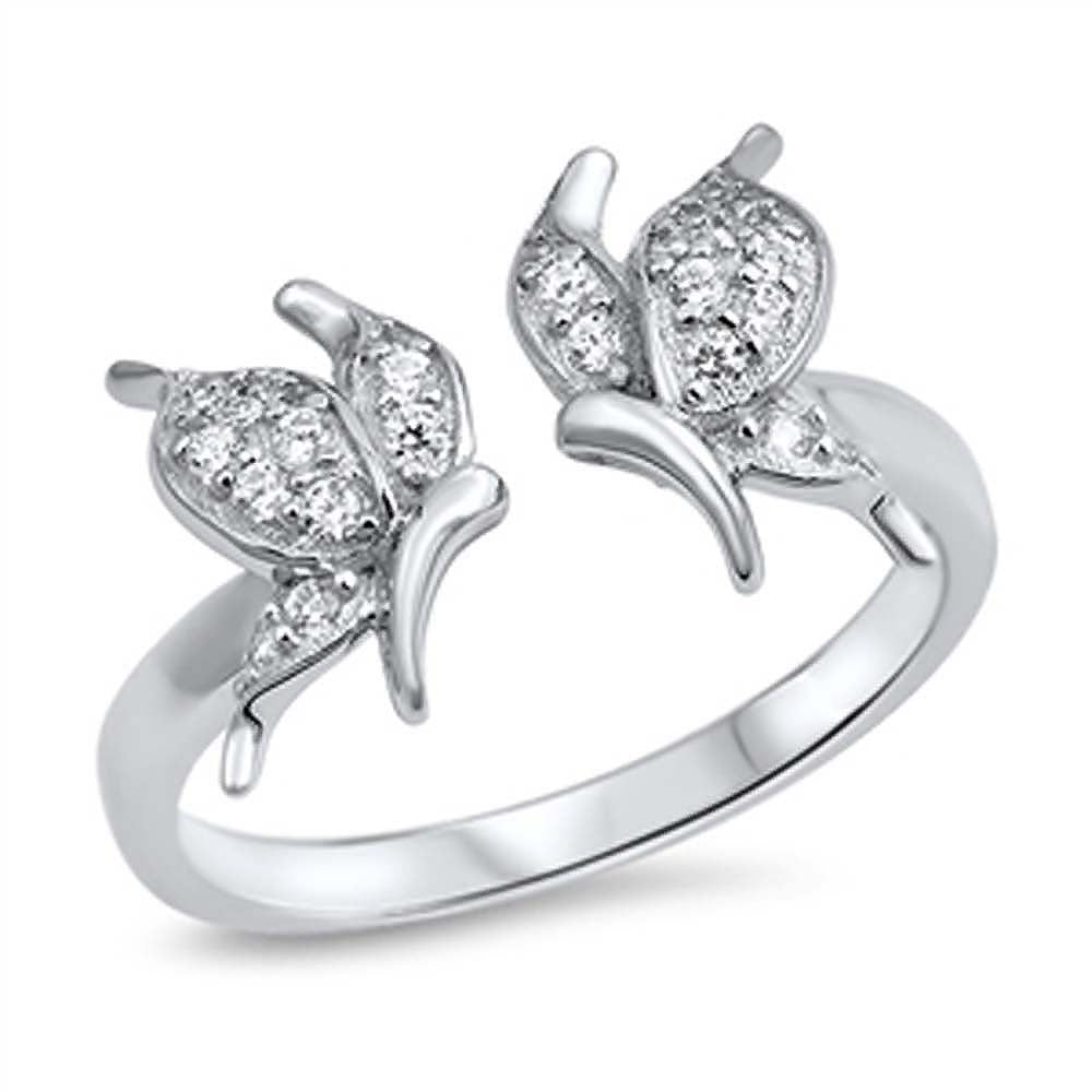 Sterling Silver Fancy Two Small Micro Pave Butterflies Open Ring with Face Height of 12MM