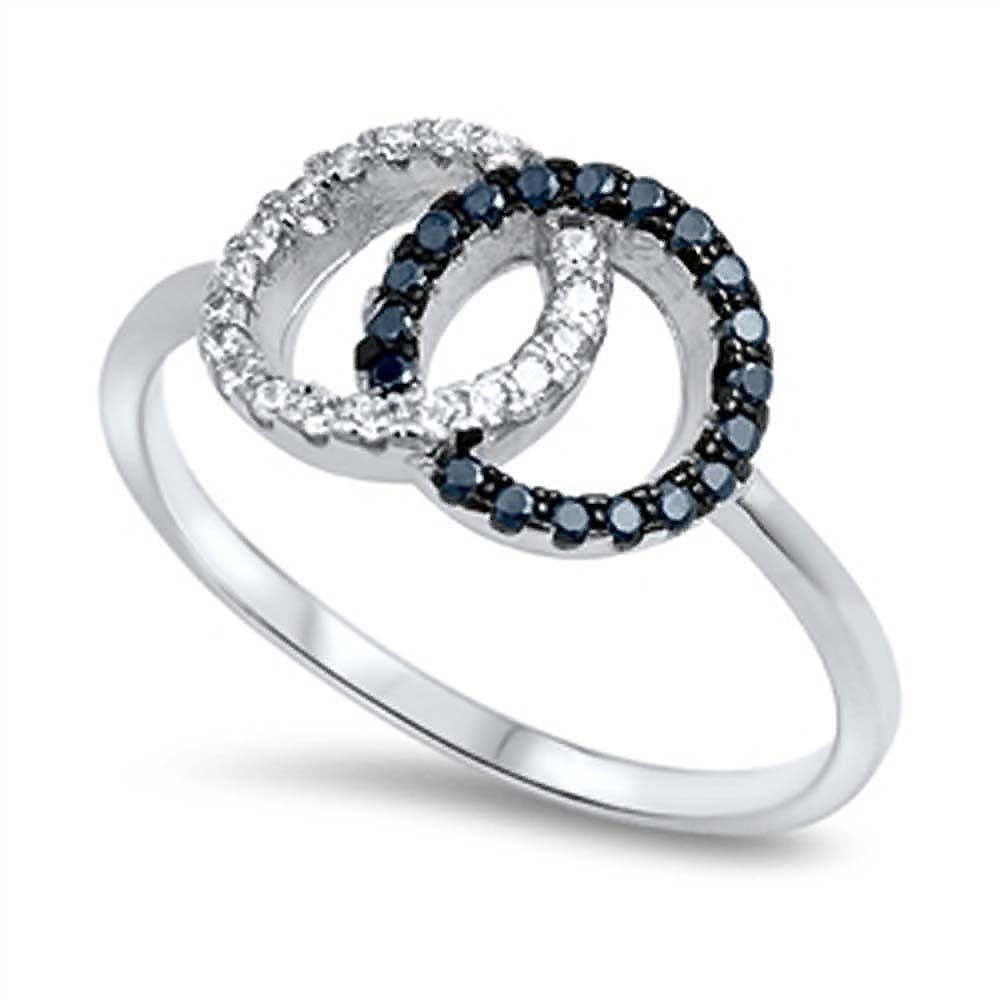 Sterling Silver Fancy Pave Clear and Black Cz Interlocking Circles Ring with Face Height of 9MM