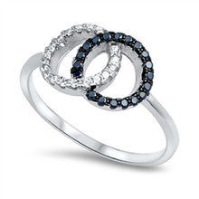 Load image into Gallery viewer, Sterling Silver Fancy Pave Clear and Black Cz Interlocking Circles Ring with Face Height of 9MM