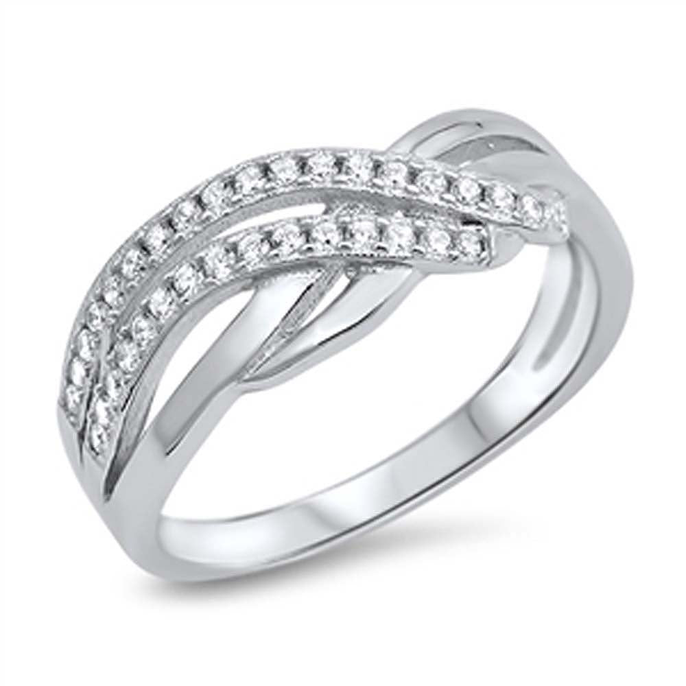 Sterling Silver Fancy Overlap Ring with Clear Cz AccentAnd Face Height of 7MM