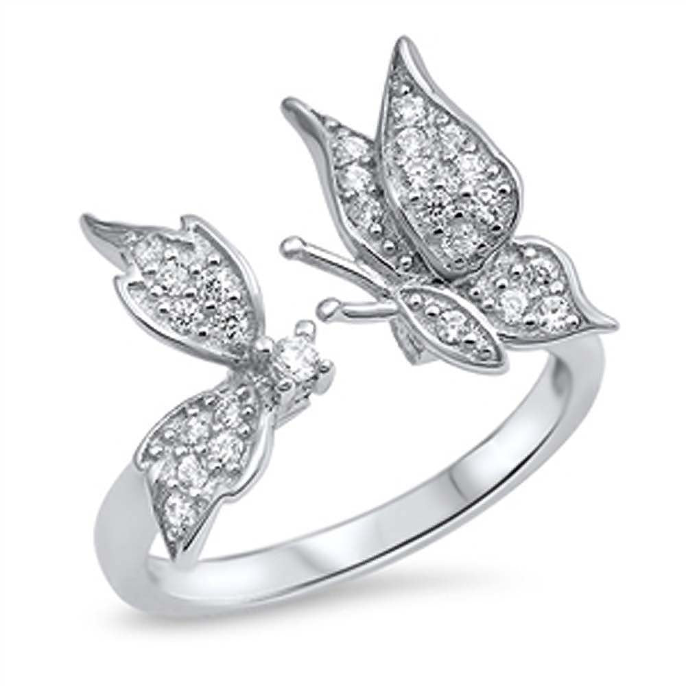 Sterling Silver Fancy Two Micro Pave Butterflies Open Ring with Face Height of 13MM