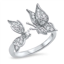 Load image into Gallery viewer, Sterling Silver Fancy Two Micro Pave Butterflies Open Ring with Face Height of 13MM