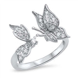 Sterling Silver Fancy Two Micro Pave Butterflies Open Ring with Face Height of 13MM