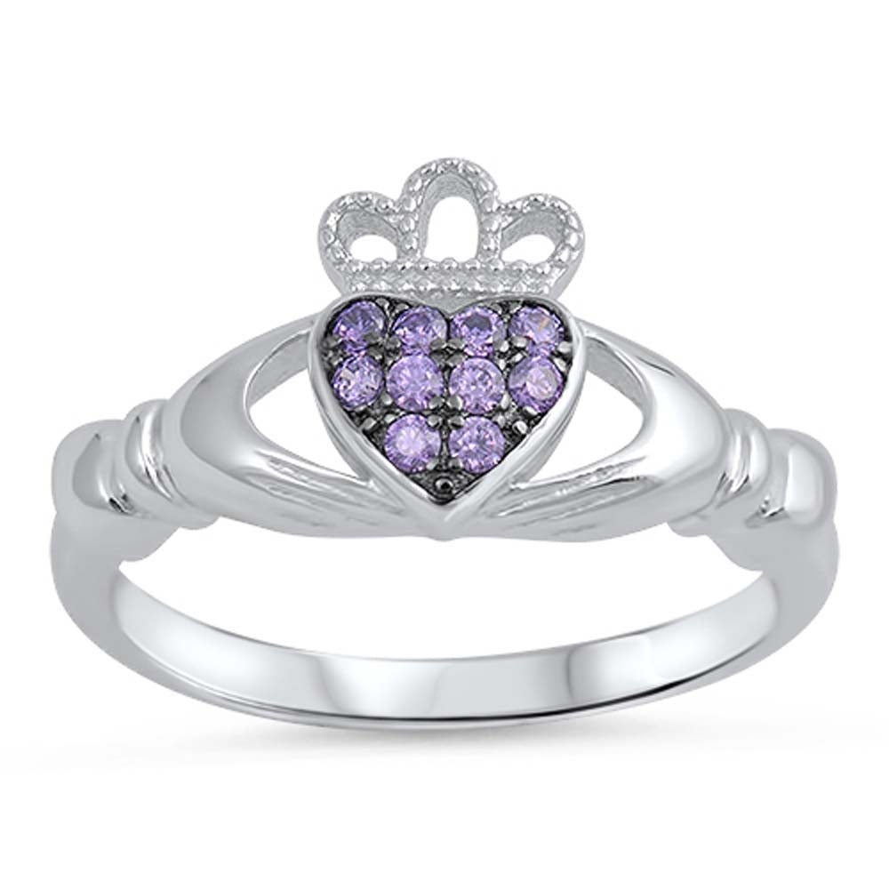 Sterling Silver Classy Amethyst CZ Claddagh Ring with Ring Face Height of 10MM