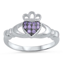 Load image into Gallery viewer, Sterling Silver Classy Amethyst CZ Claddagh Ring with Ring Face Height of 10MM