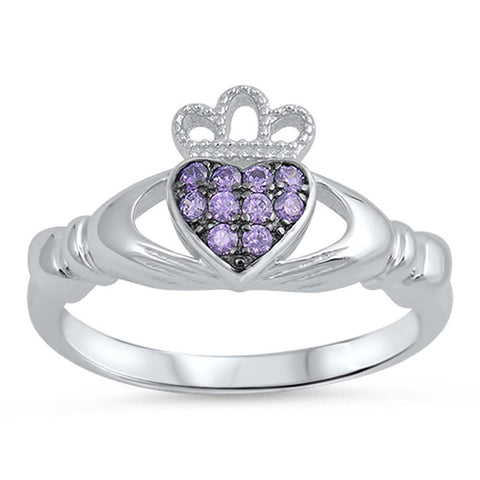 Sterling Silver Classy Amethyst CZ Claddagh Ring with Ring Face Height of 10MM