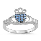 Sterling Silver Classy Aquamarine CZ Claddagh Ring with Ring Face Height of 10MM