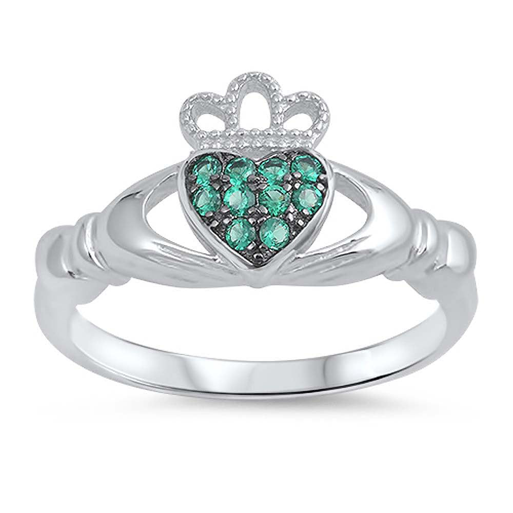 Sterling Silver Classy Emerald CZ Claddagh Ring with Ring Face Height of 10MM