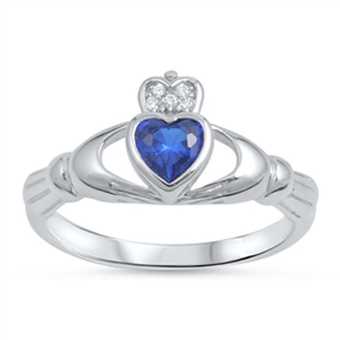 Sterling Silver Claddagh Shaped Blue Sapphire CZ RingAnd Face Height 10mm