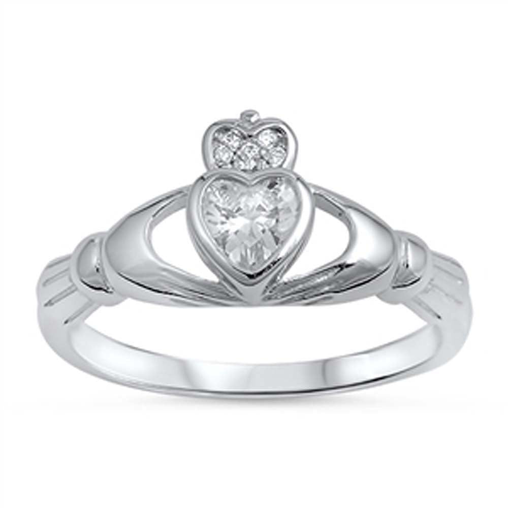 Sterling Silver Claddagh Shaped Clear CZ RingAnd Face Height 10mm