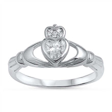 Load image into Gallery viewer, Sterling Silver Claddagh Shaped Clear CZ RingAnd Face Height 10mm