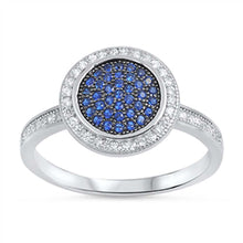 Load image into Gallery viewer, Rhodium Plated Sterling Silver Clear Cz Round Ring with Blue Sappire in the CenterAnd Ring Face Height of 12MM