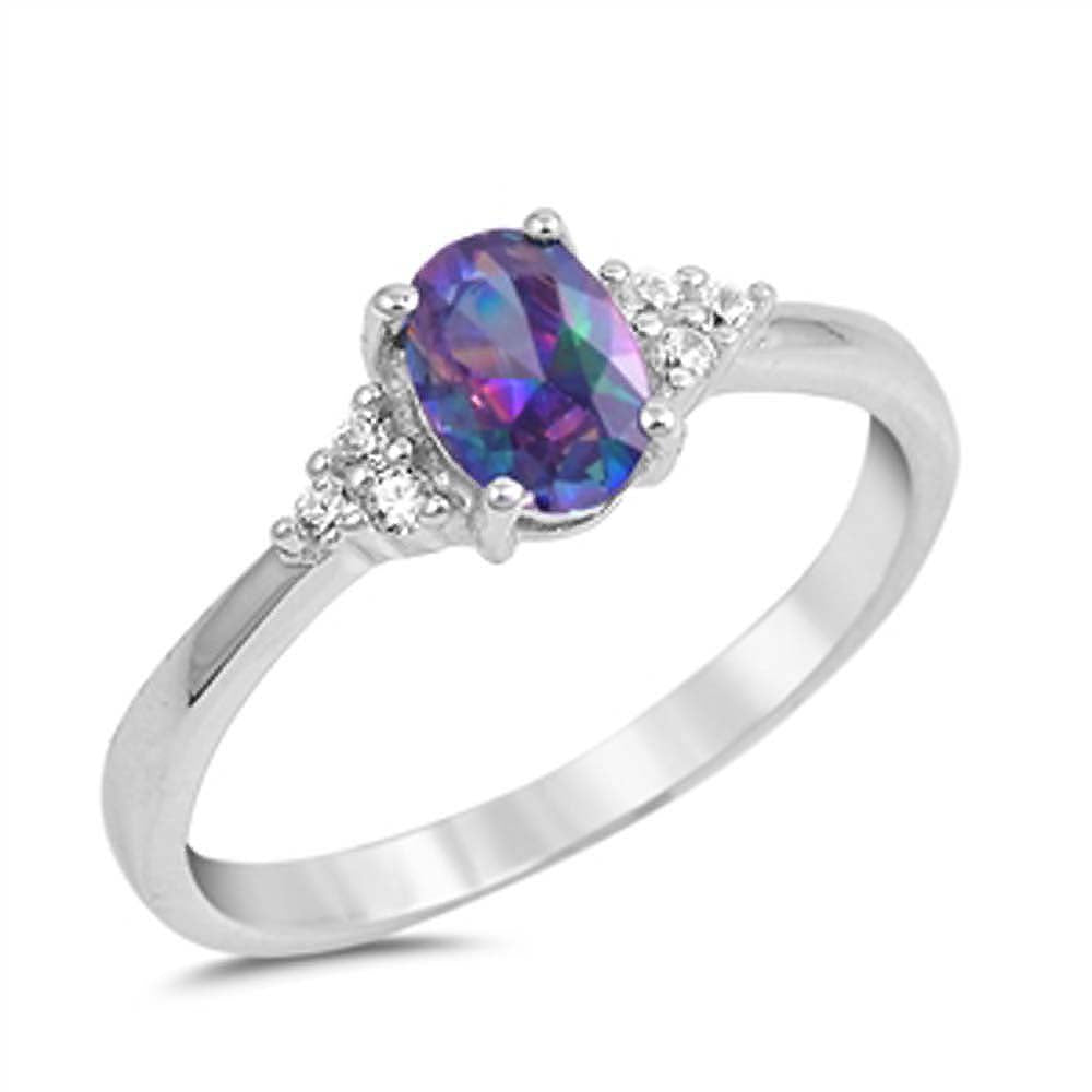 Sterling Silver Clear CZ Fancy Ring with a 4 Prong Set Oval Rainbow Topaz CZ in the CenterAnd Ring Face Height of 7MM