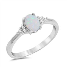 Load image into Gallery viewer, Sterling Silver Clear CZ Fancy Ring with a 4 Prong Set Oval Cut White lab Opal in the CenterAnd Ring Face Height of 7MM