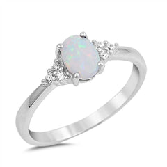 Sterling Silver Clear CZ Fancy Ring with a 4 Prong Set Oval Cut White lab Opal in the CenterAnd Ring Face Height of 7MM