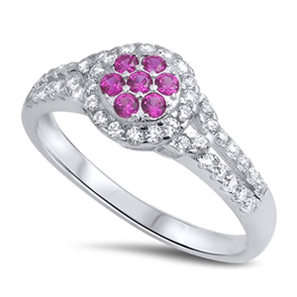 Sterling Silver Pink Cz Flower Ring Embedded with Clear Cz StonesAnd Face Height of 8MM