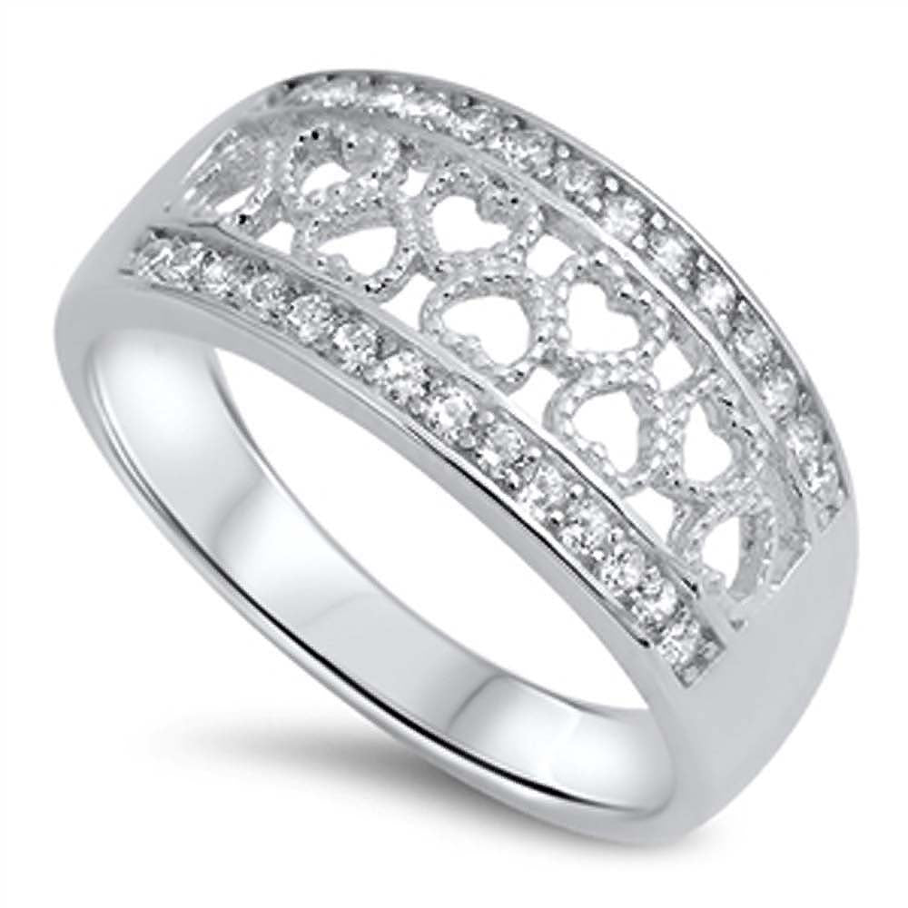 Sterling Silver Fancy Multi Pave Open Hearts Wide Band Ring with Face Height of 9MM