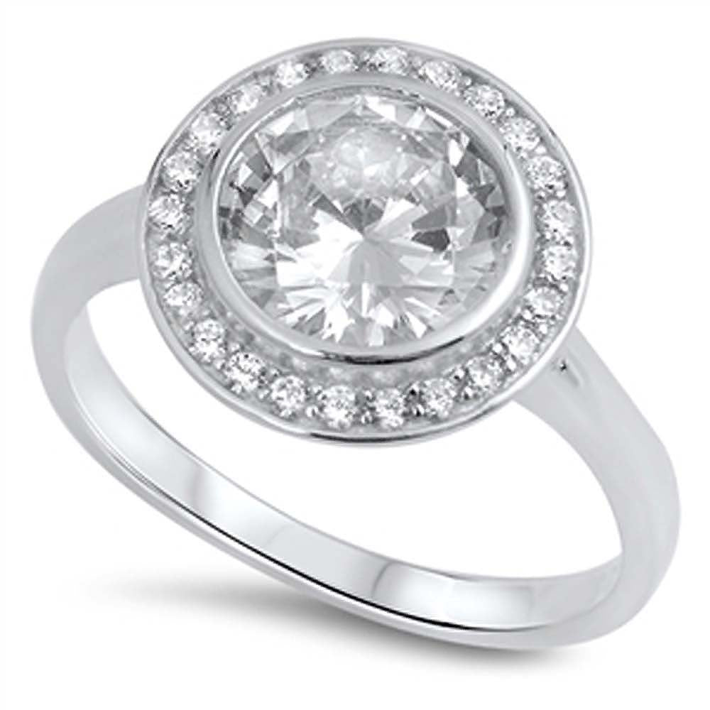 Sterling Silver Stylish Bezel Set Round Cut Clear Cz with Pave Halo Setting RingAnd Face Height of 13MM