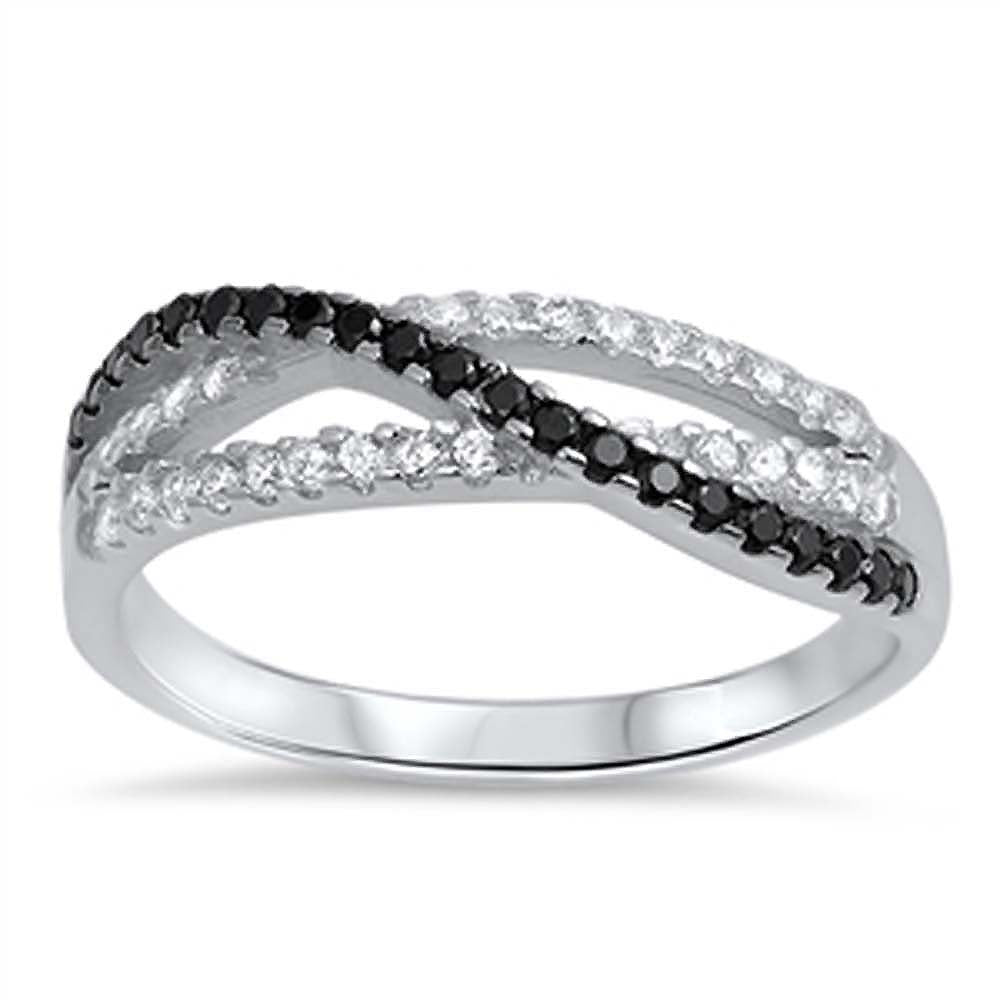 Sterling Silver Fancy Pave Clear and Black Cz Overlap Ring with Face Height of 5MM