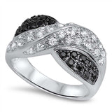 Sterling Silver Micro Pave Clear and Black Cz Overlap Ring with Face Height of 11MM