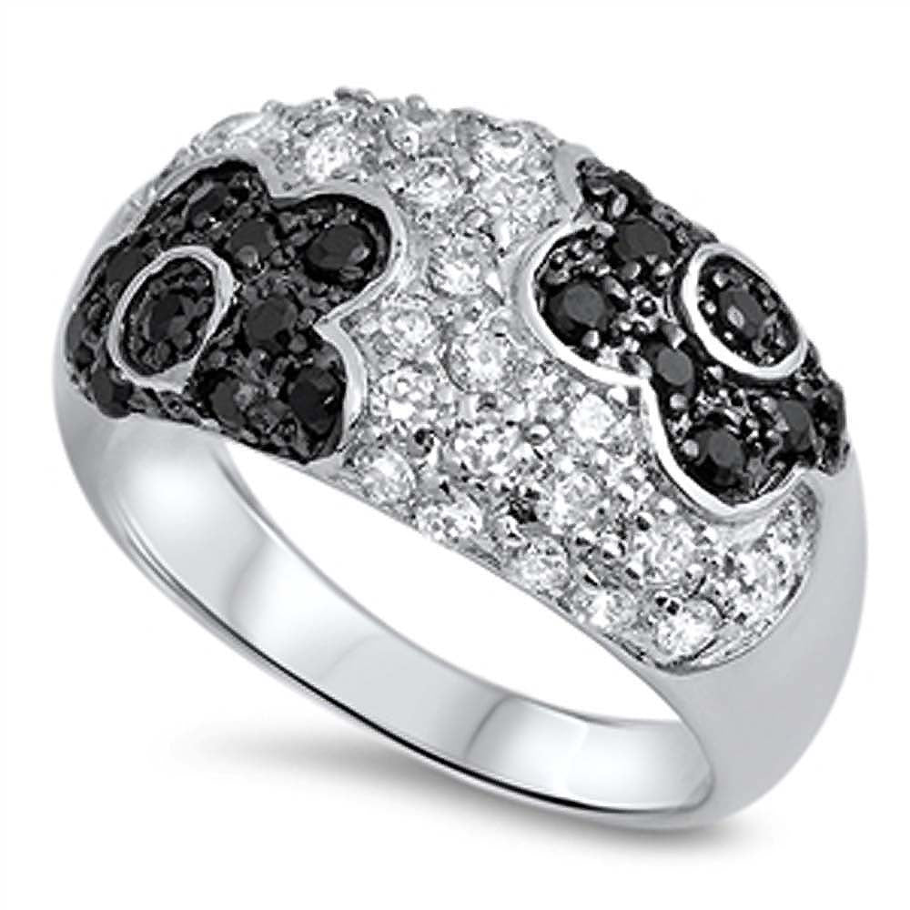 Sterling Silver Fancy Black Cz Flowers Design Micro Pave Band Ring with Face Height of 11MM