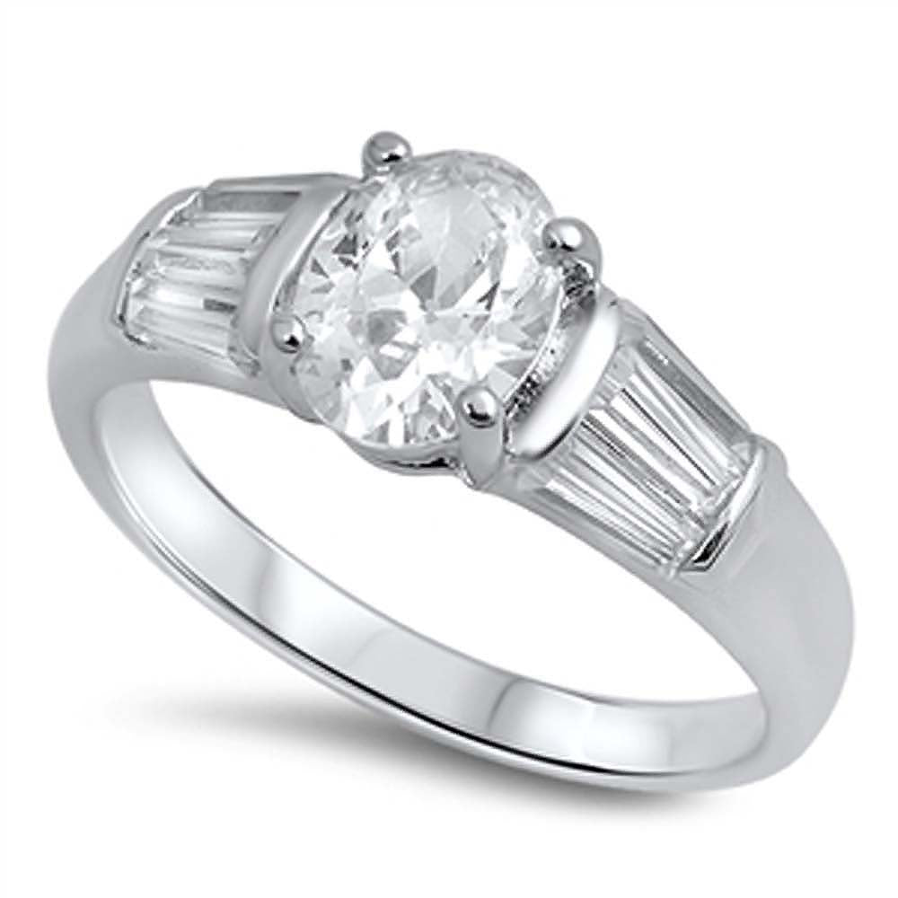 Sterling Silver Stylish Oval Cut Clear Cz Ring with Baguette Cz on Both SidesAnd Face Height of 8MM