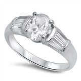 Sterling Silver Stylish Oval Cut Clear Cz Ring with Baguette Cz on Both SidesAnd Face Height of 8MM