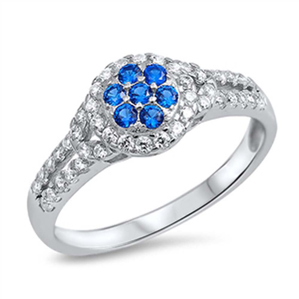 Sterling Silver Blue Sapphire Cz Flower Ring Embedded with Clear Cz StonesAnd Face Height of 8MM