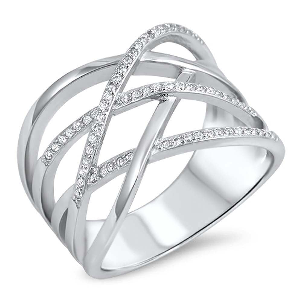 Sterling Silver Fancy Criss Cross Weave Fashionable Split Band Ring with Ring Face Height of 16MM