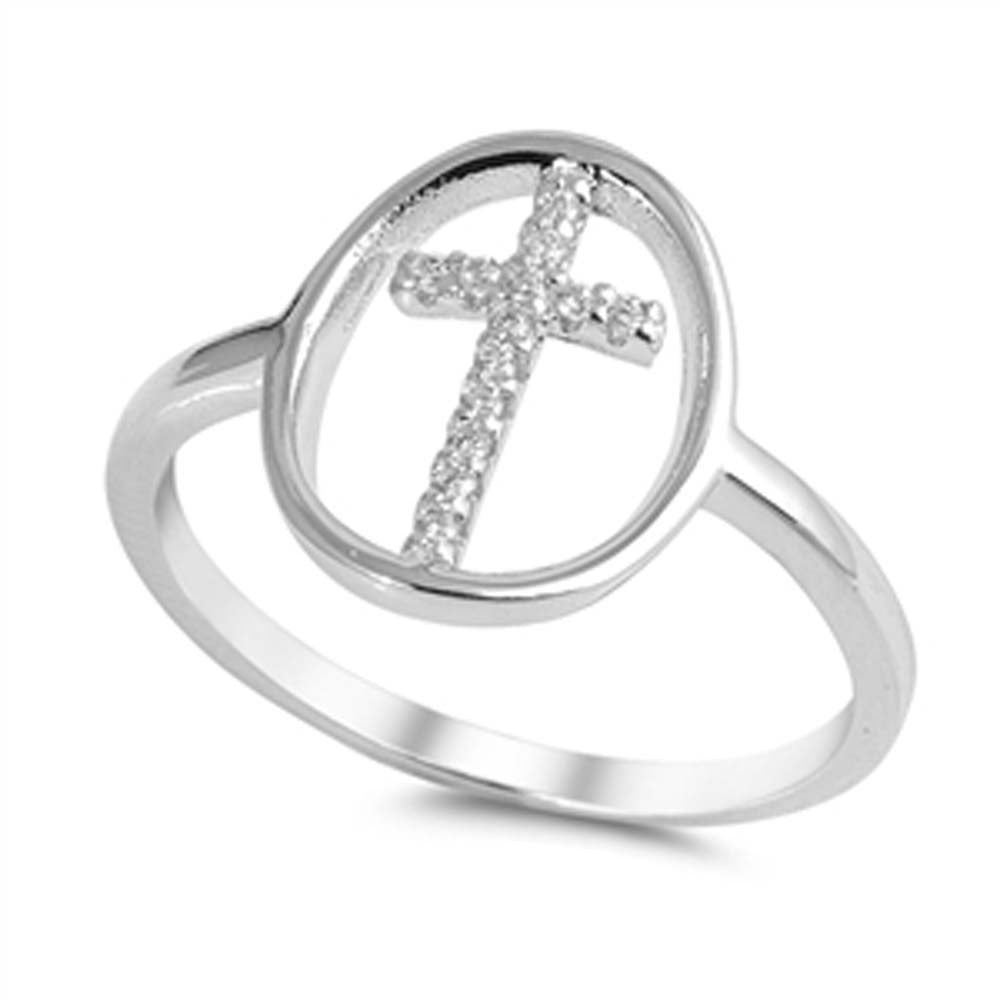 Sterling Silver Fancy Halo Ring with a Clear CZ Cross in the CenterAnd Ring Face Height of 13MM