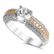 Load image into Gallery viewer, Sterling Silver Pave Set Clear CZ and Gold Plate Line in the Center Ring with 4 Prong Set Round Clear CZ in the CenterAnd Ring face Height of 6MM