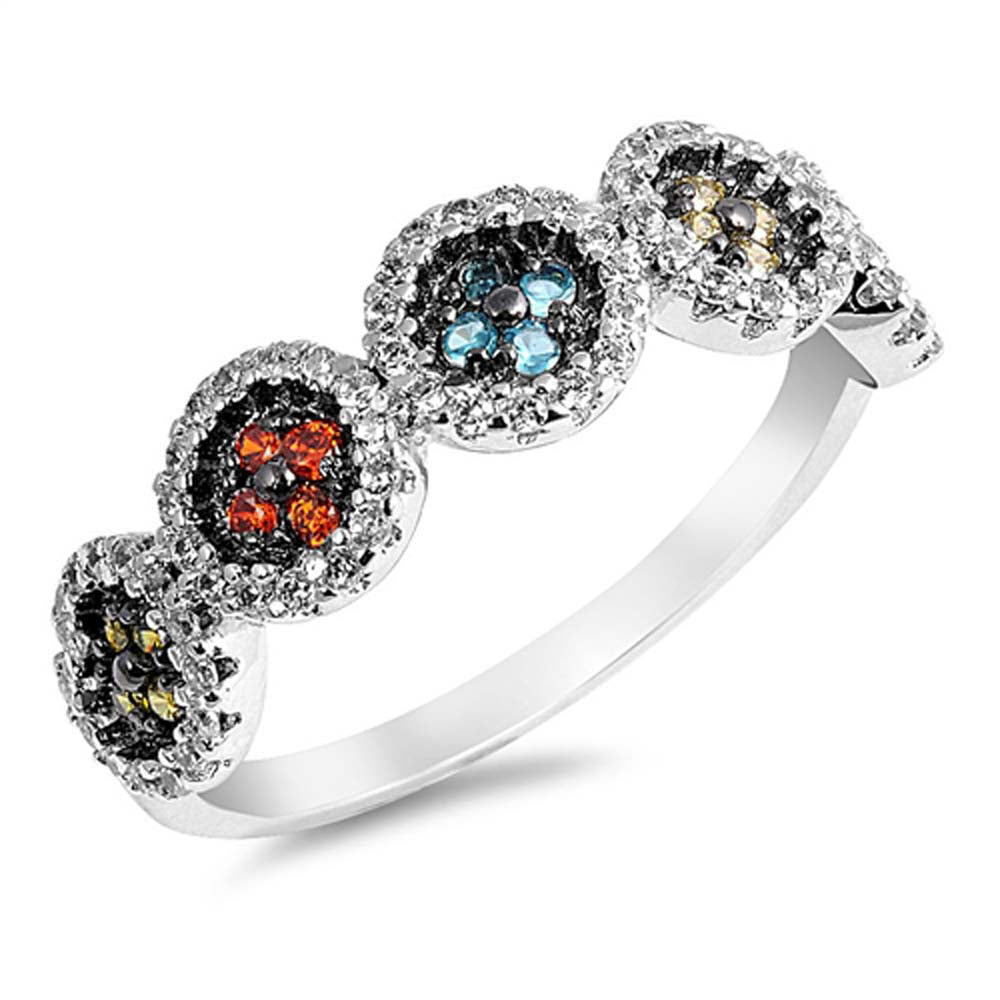 Sterling Silver Clear CZ Fancy Halo Ring with Flower Shape Multicolor CZAnd Ring Face Height of 6MM