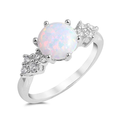 Sterling Silver Fancy Clear CZ Ring with a 6 Prong Set Round White Lab Opal in the CenterAnd Ring Face Height of 9MM