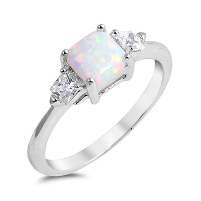 Sterling Silver Princess Cut Clear CZ Ring with a 4 Prong Set Square White Lab Opal in the CenterAnd Ring Face Height of 6MM