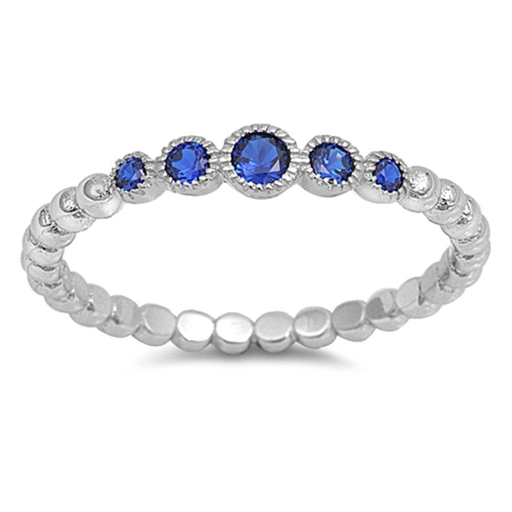 Sterling Silver Stylish Round Blue Sapphire CZ Bead Ring with Ring Face Height of 3MM