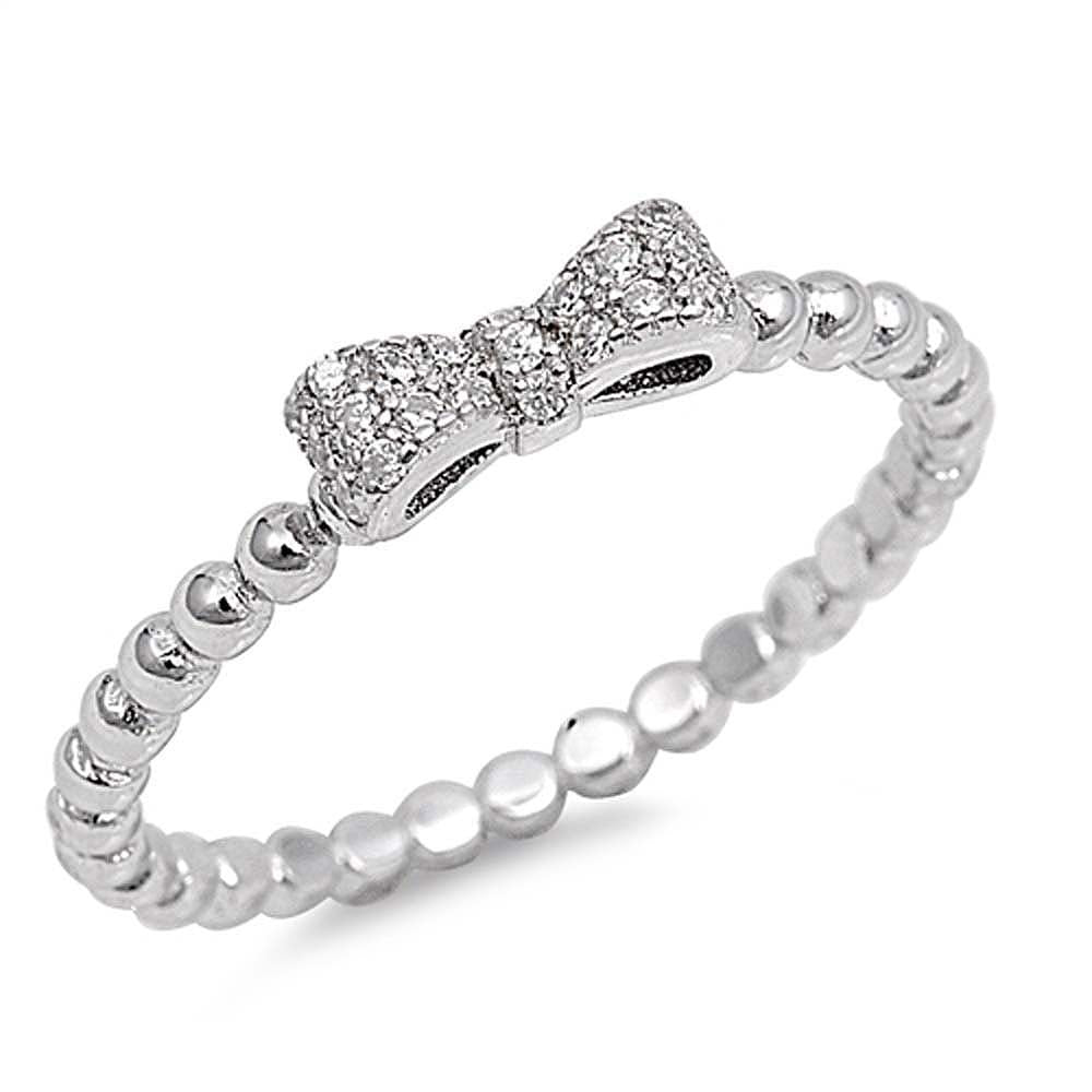 Sterling Silver Clear CZ Fancy Ribbon Bead Ring with Ring face Height of 4MM