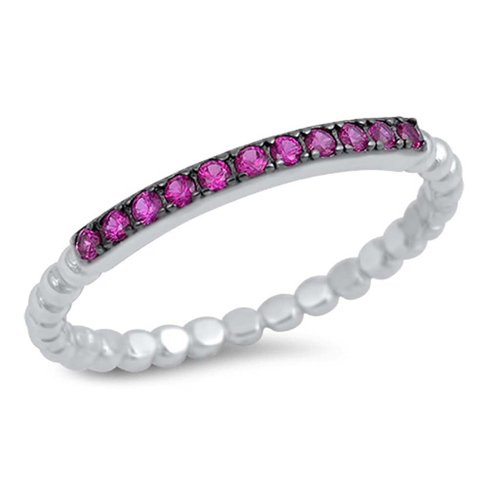 Sterling Silver Fancy Pave Set Ruby CZ Bead Band Stackable Ring with Ring Face Height of 2MM