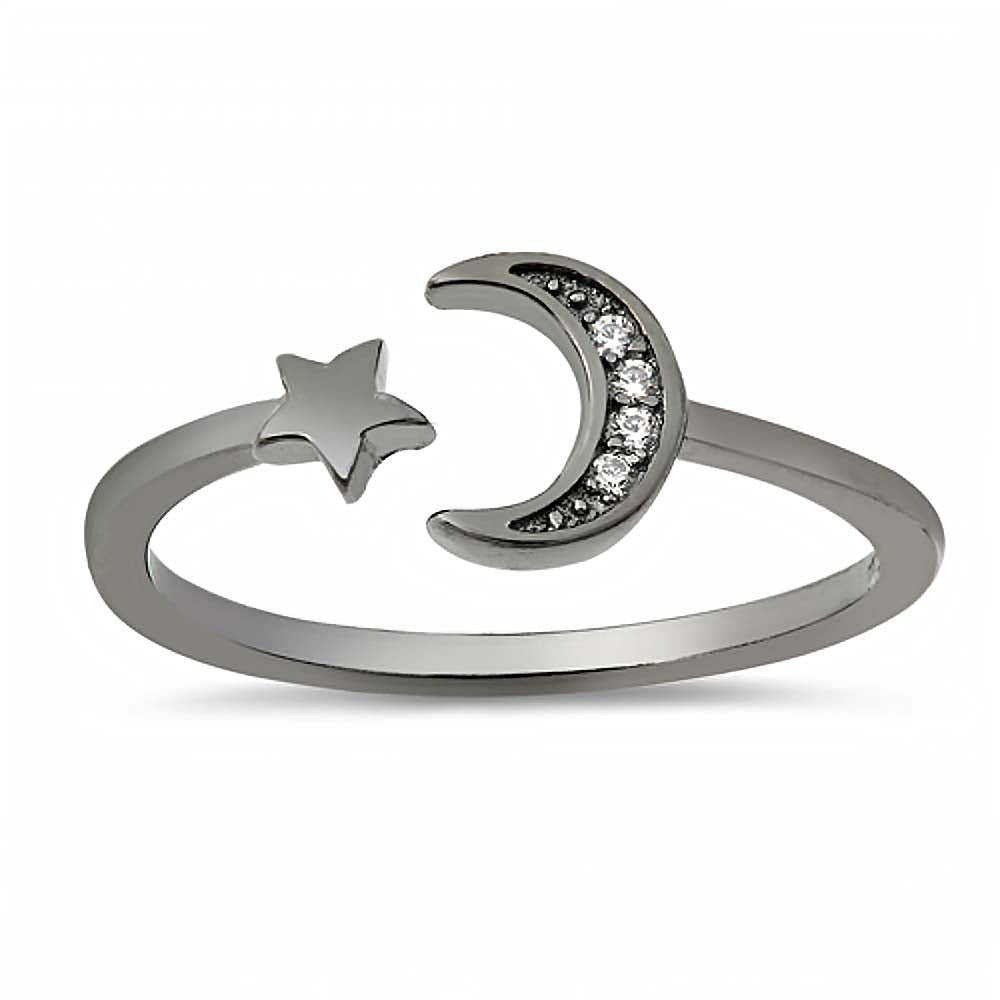 Sterling Silver Moon And Star CZ Ring