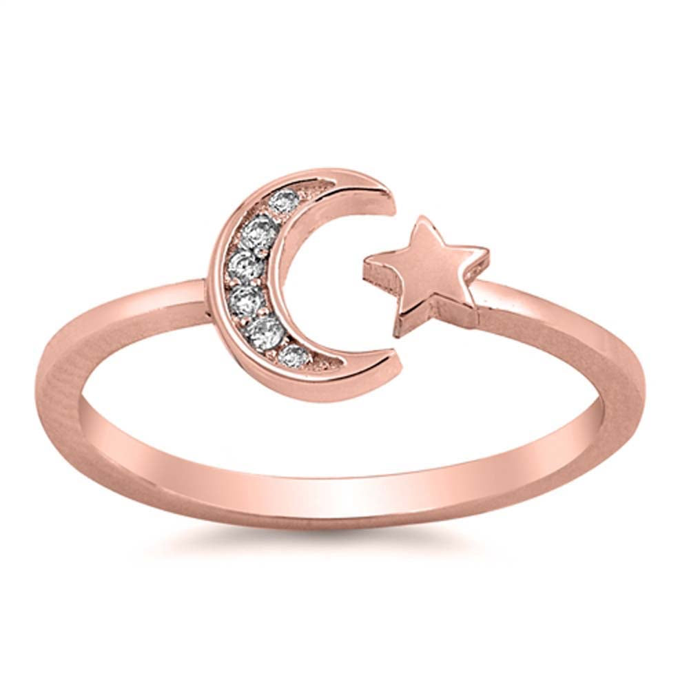 Sterling Silver Rose Gold Plated CZ Moon and Star RingAnd Face Height 7mm