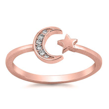 Load image into Gallery viewer, Sterling Silver Rose Gold Plated CZ Moon and Star RingAnd Face Height 7mm