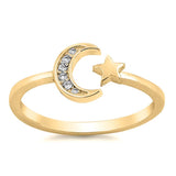 Sterling Silver Yellow Gold Plated CZ Moon and Star RingAnd Face Height 7mm