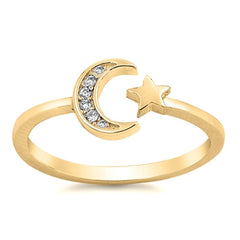 Sterling Silver Yellow Gold Plated CZ Moon and Star RingAnd Face Height 7mm