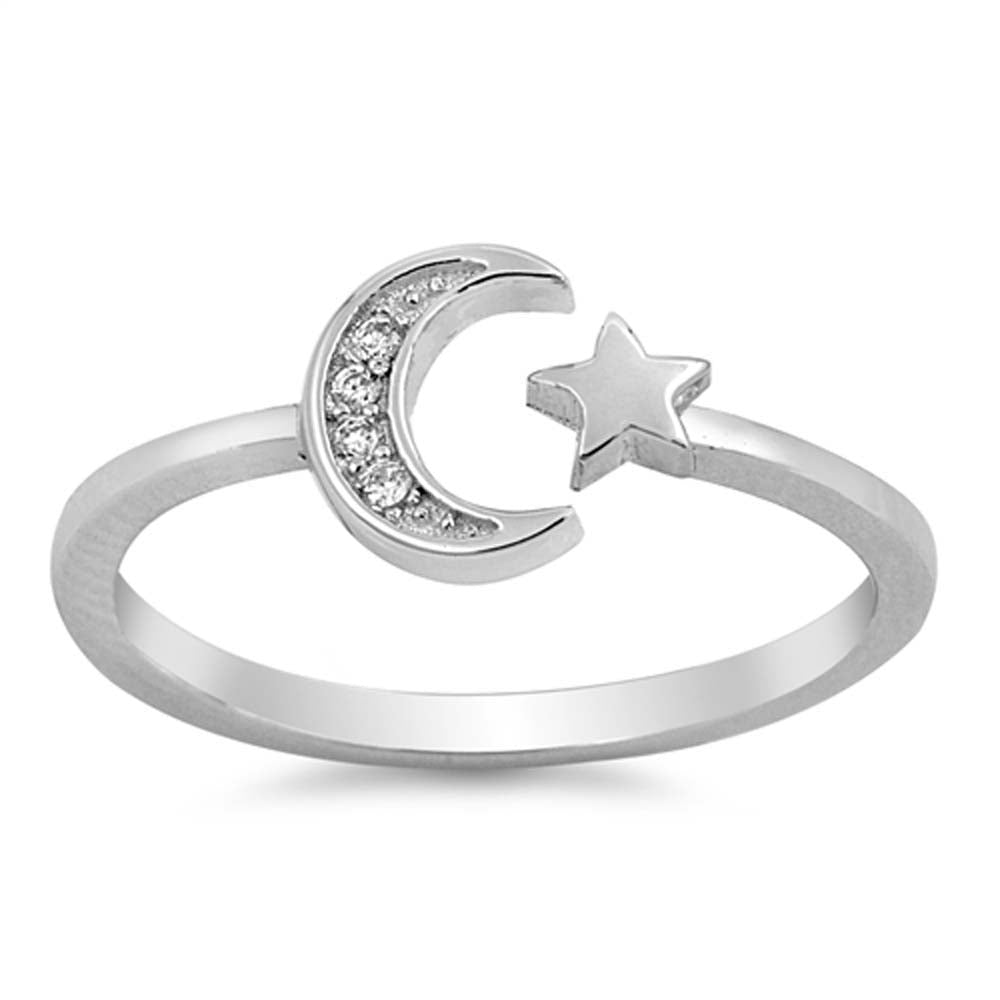 Sterling Silver CZ Moon and Star RingAnd Face Height 7mm